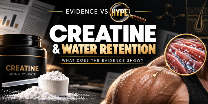 Evidence vs Hype — Creatine and water retention: powder, muscle anatomy and a conceptual magnified view of muscle water.