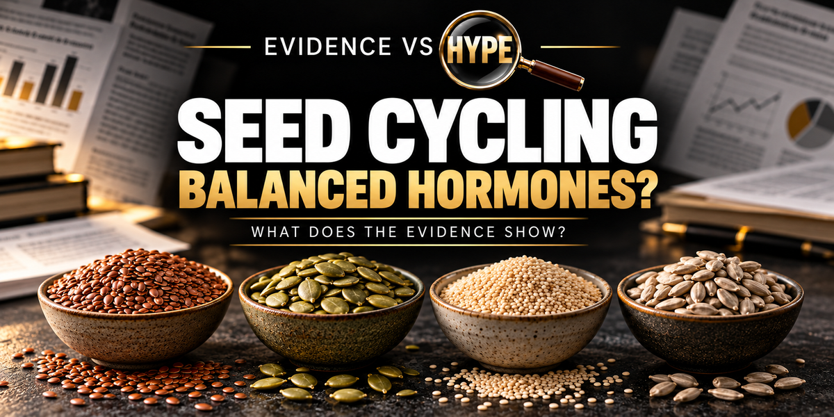 Evidence vs Hype Seed Cycling: Balanced Hormones? investigation cover, with four bowls of seeds on a black and gold research backdrop.