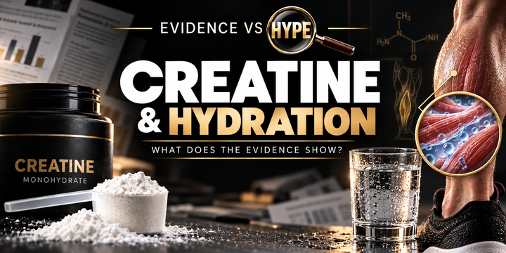 Evidence vs Hype — Creatine and hydration: powder, a glass of water and an athletic calf with conceptual muscle-water magnification.