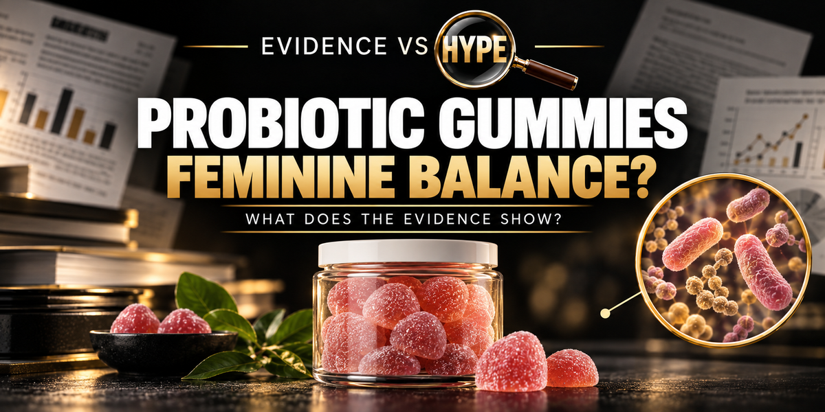 Evidence vs Hype Probiotic Gummies: Feminine Balance? investigation cover, featuring unbranded gummies and a decorative microbiome inset on a black and gold research backdrop.