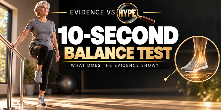 Evidence vs Hype: an older adult balancing on one leg near a support rail, no danger or death imagery. Conceptual artwork for the investigation.
