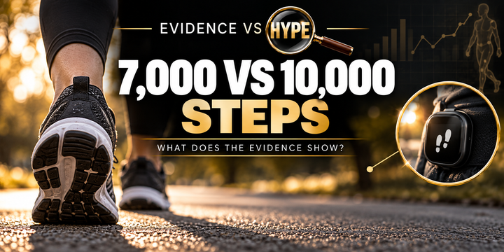 Evidence vs Hype illustration of walking shoes on a pavement and a gold-ring pedometer inset; artwork represents the claim under investigation.