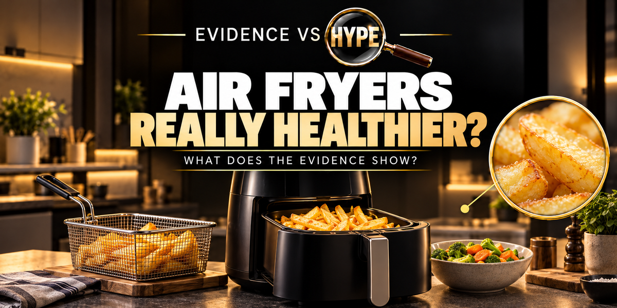 Evidence vs Hype: an open air fryer with golden potato chips, a frying basket and vegetables. Conceptual cooking-method comparison.