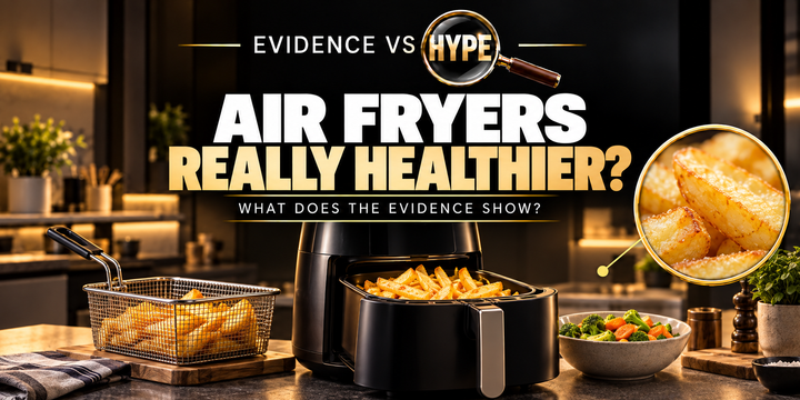 Evidence vs Hype: an open air fryer with golden potato chips, a frying basket and vegetables. Conceptual cooking-method comparison.