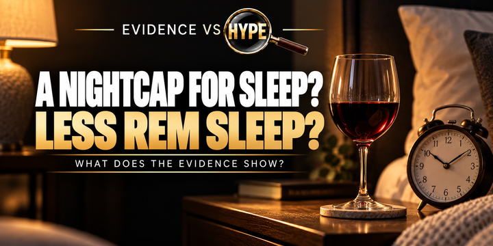 Evidence vs Hype artwork with an untouched wine glass beside an alarm clock and a bed, asking whether a nightcap reduces REM sleep.