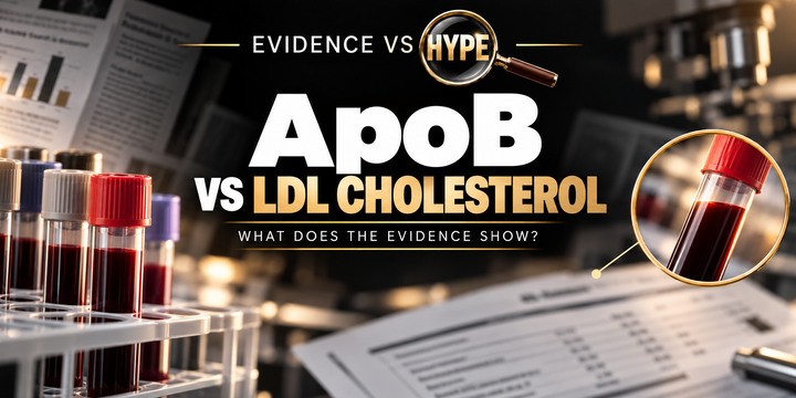 Blood sample tubes and clinical laboratory imagery in the black, white and gold Evidence vs Hype featured image.