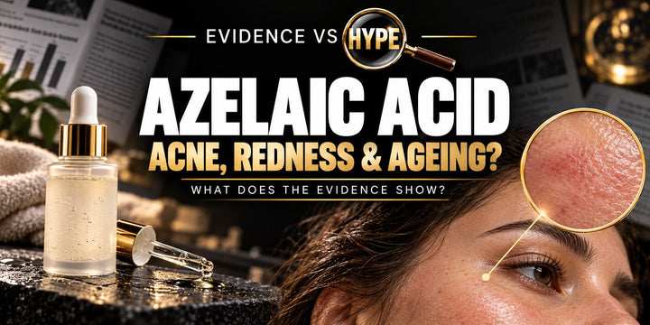 Evidence vs Hype azelaic-acid artwork with an unbranded serum bottle and natural facial skin, including a conceptual skin-texture inset. No anti-ageing result is depicted.