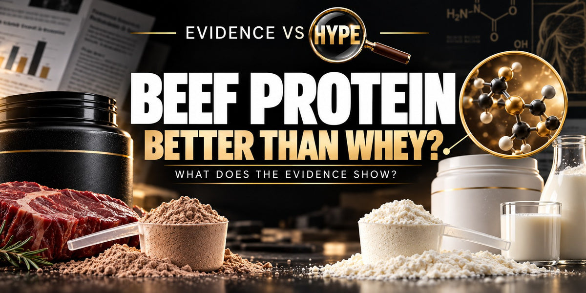 Evidence vs Hype beef-protein artwork with unbranded powder tubs, scoops, beef and milk cues. Conceptual comparison, not a demonstration of superior muscle growth.