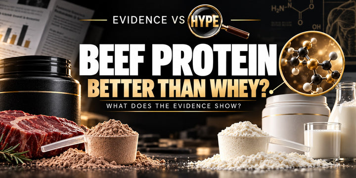 Evidence vs Hype beef-protein artwork with unbranded powder tubs, scoops, beef and milk cues. Conceptual comparison, not a demonstration of superior muscle growth.