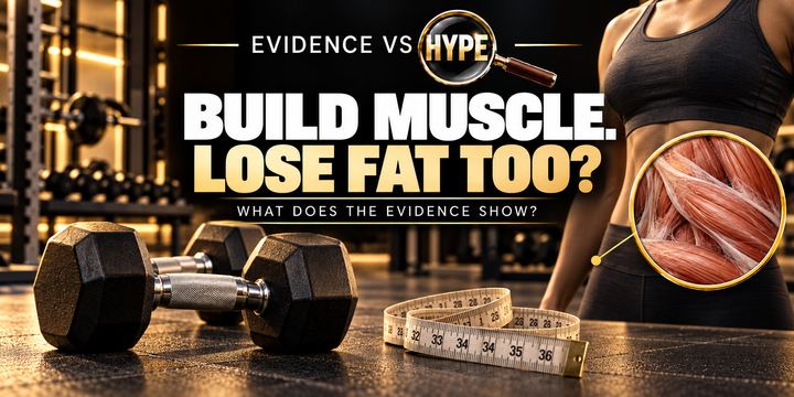 Evidence vs Hype: dumbbells, a measuring tape and a gym torso, with a conceptual skeletal-muscle inset. No measured body transformation.