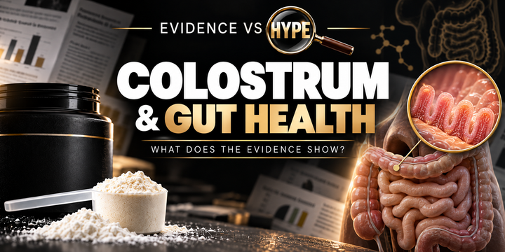 Black, white and gold Evidence vs Hype illustration of an unbranded colostrum jar, powder and intestinal model with a conceptual lining inset; no gut repair is depicted.