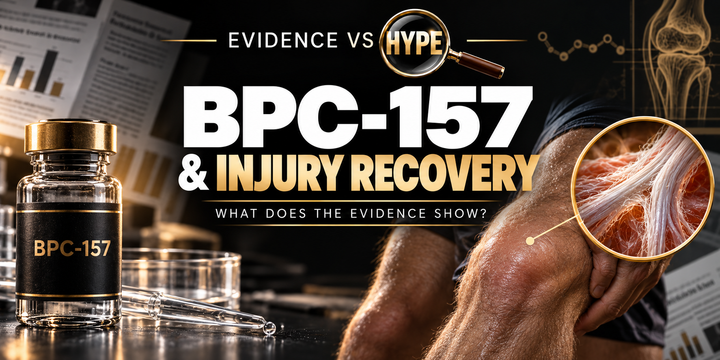 Evidence vs Hype: BPC-157 and injury recovery, with a research vial, knee and magnified tendon illustration.