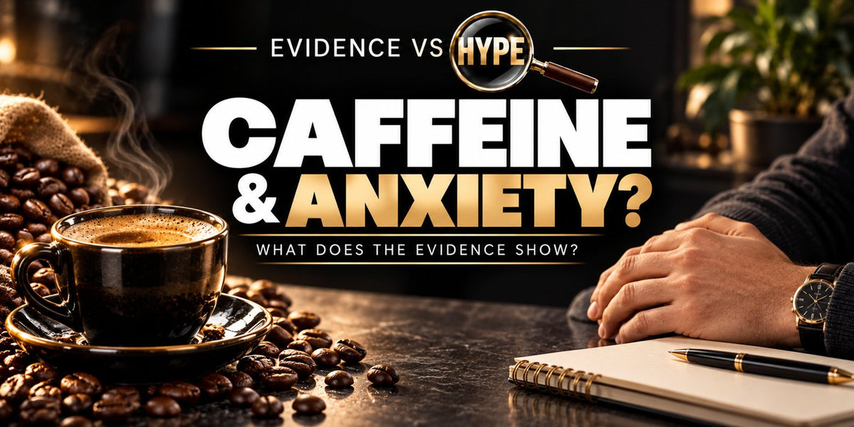 Evidence vs Hype caffeine and anxiety investigation with coffee, resting hands and a notebook; no inevitable symptoms or clinical diagnosis is depicted.