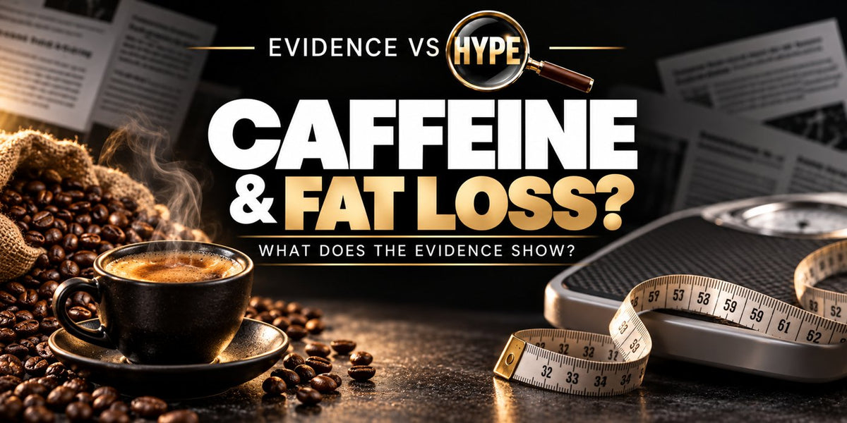 Evidence vs Hype caffeine and fat-loss investigation with espresso, coffee beans, a neutral scale and measuring tape; no weight-loss outcome is depicted.