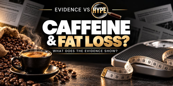 Evidence vs Hype caffeine and fat-loss investigation with espresso, coffee beans, a neutral scale and measuring tape; no weight-loss outcome is depicted.