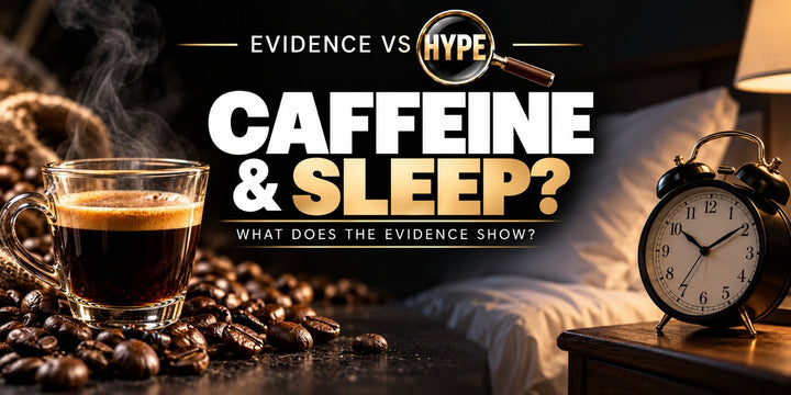 Evidence vs Hype caffeine and sleep investigation with coffee, a bedside clock and white pillow in the established black, white and gold template.