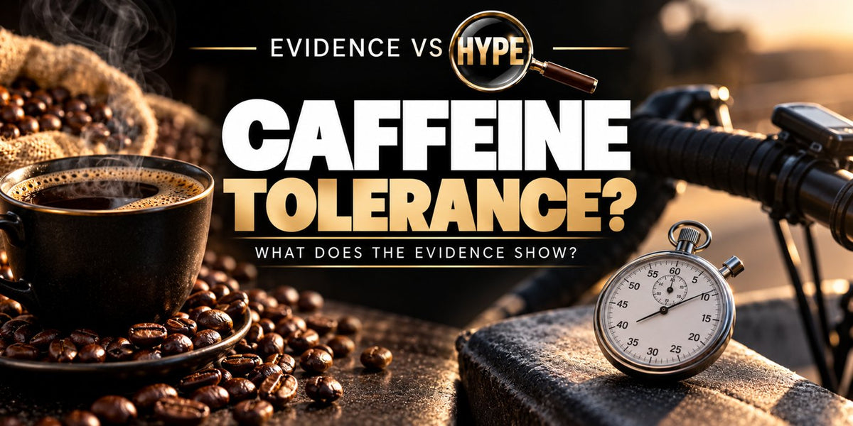 Evidence vs Hype caffeine tolerance investigation with coffee, a stopwatch and cycling handlebar; no performance improvement is depicted.