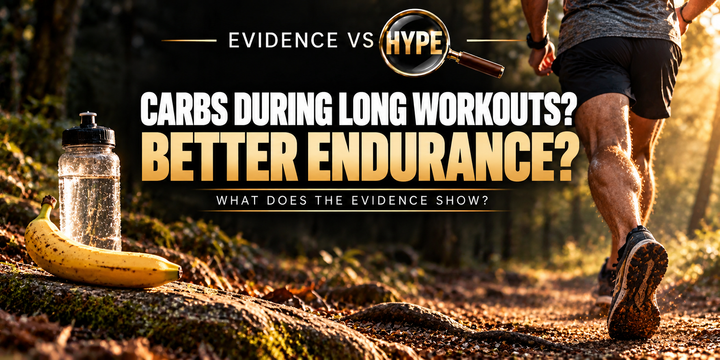 Evidence vs Hype artwork with a runner, banana and unbranded sports bottle, asking whether carbohydrates help long workouts.