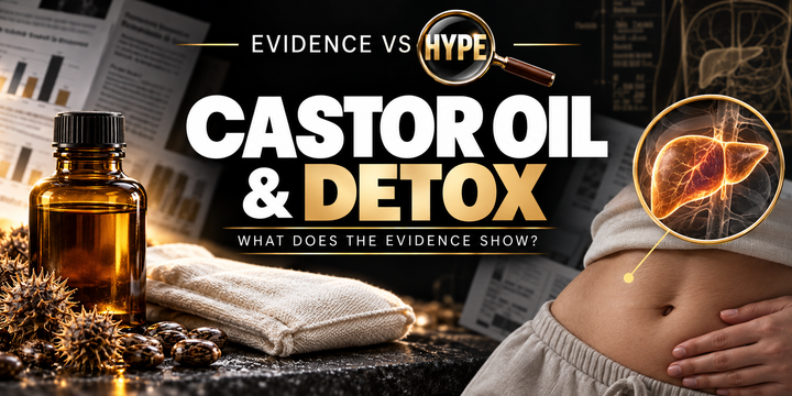 Black, white and gold Evidence vs Hype illustration of a castor oil bottle, fabric pack and neutral abdomen with a conceptual liver inset; no detoxification or fat loss is depicted.