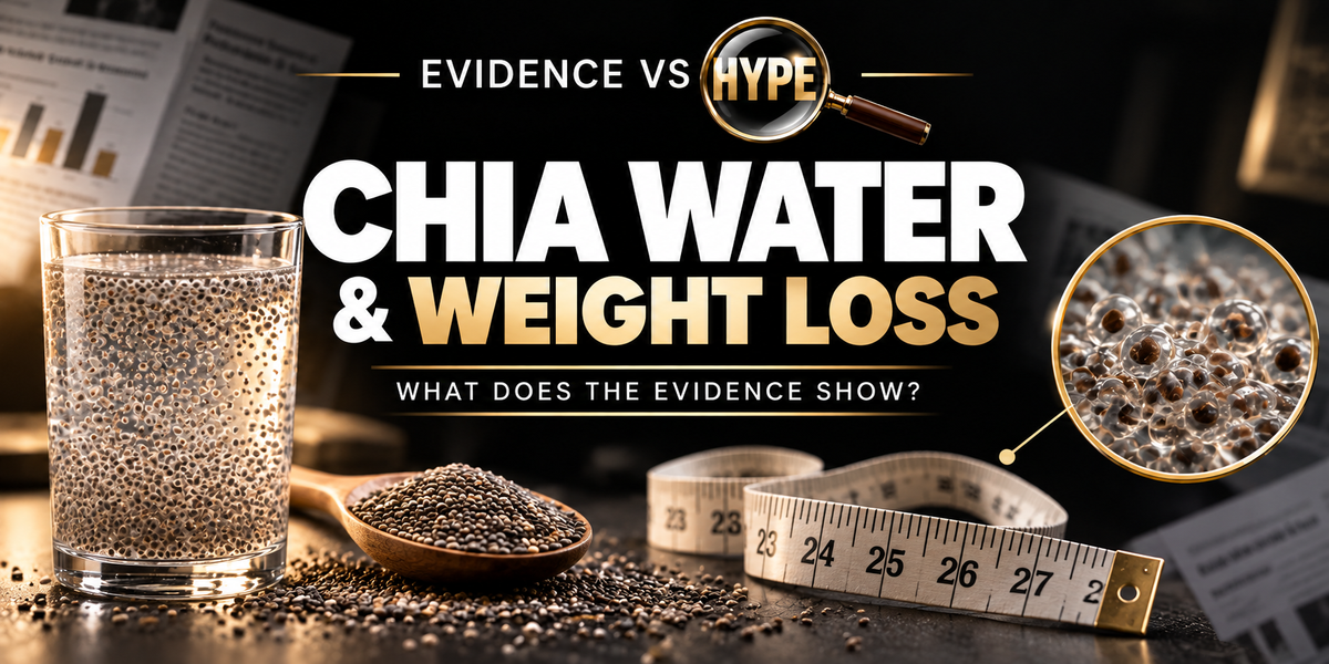 Evidence vs Hype: glass of soaked chia seeds beside spoonful of chia and a neutral measuring tape. Conceptual artwork for the investigation.