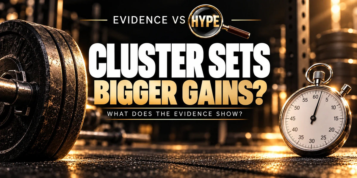 Evidence vs Hype artwork with a barbell and stopwatch, asking whether cluster sets produce bigger gains.