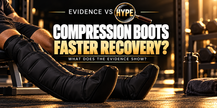 Evidence vs Hype editorial illustration of pneumatic compression boots beside a training bench: compression boots and recovery.