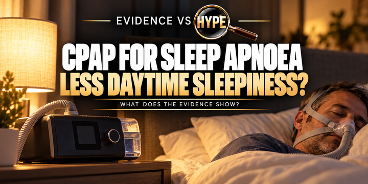 Evidence vs Hype artwork with a CPAP machine and an adult wearing a nasal mask in bed, asking about daytime sleepiness.