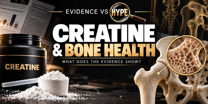 Evidence vs Hype creatine and bone-health investigation with powder and scoop, an anatomical hip model and conceptual bone detail; no treatment outcome is implied.