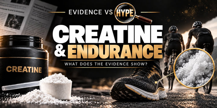 Evidence vs Hype creatine and endurance investigation with powder and scoop, running shoe, cyclists and a conceptual magnified powder inset.