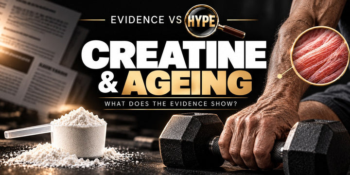 Evidence vs Hype creatine and ageing investigation, with creatine powder, an older adult holding a dumbbell and a conceptual muscle inset.
