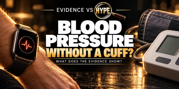 Evidence vs Hype artwork comparing an unbranded optical smartwatch with a conventional blood-pressure cuff, without numerical accuracy claims.