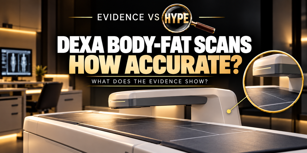 Evidence vs Hype: an empty open DEXA scanning table and scanner arm with a gold-ring equipment inset. Conceptual artwork with no measured body-fat result.