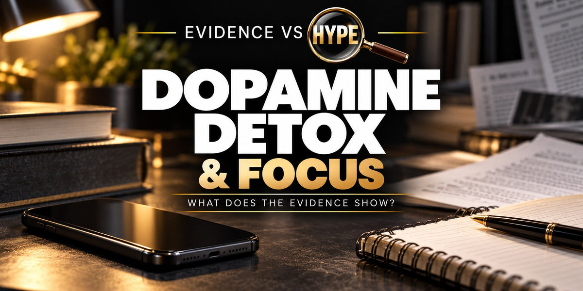 Evidence vs Hype dopamine detox and focus investigation with dark phone, books and notebook