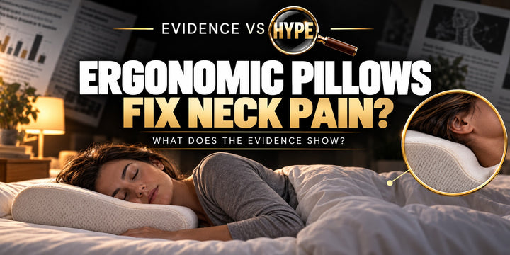 Evidence vs Hype ergonomic-pillow investigation artwork showing an adult sleeping on their side on a contoured pillow. Conceptual illustration without a promise of neck-pain relief.