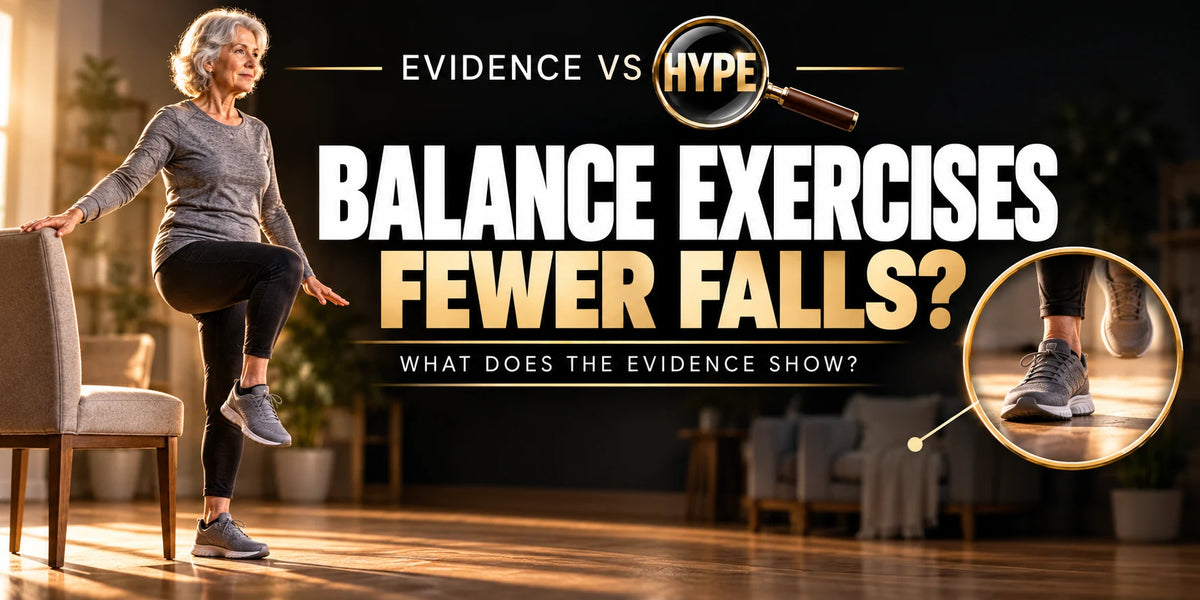 Evidence vs Hype conceptual artwork investigating balance exercises prevent falls, using subject-specific unbranded imagery.