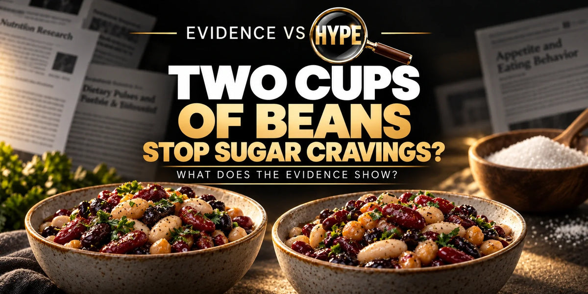 Evidence vs Hype BeanTok artwork with bowls of cooked beans and a small sugar bowl, questioning whether two cups stop sugar cravings.