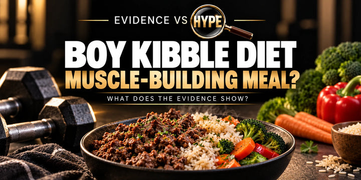 Evidence vs Hype conceptual artwork investigating boy kibble diet, using subject-specific unbranded imagery.