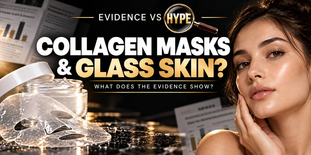 Evidence vs Hype Collagen Masks and Glass Skin? investigation cover, with a hydrogel face mask, cosmetic jar and woman portrait on a black and gold research backdrop.