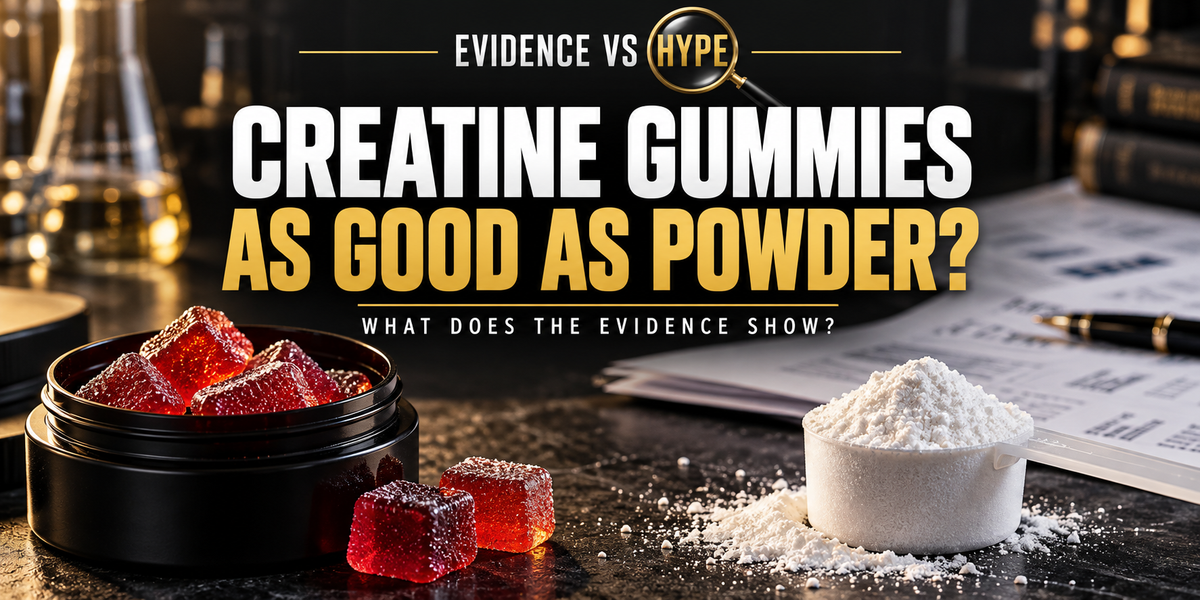 Evidence vs Hype creatine gummies investigation artwork showing red gummies beside a scoop of creatine powder.