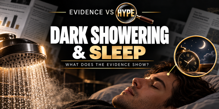 Evidence vs Hype dark showering investigation, showing a shower head, sleeping adult and conceptual clock and night-sky inset.