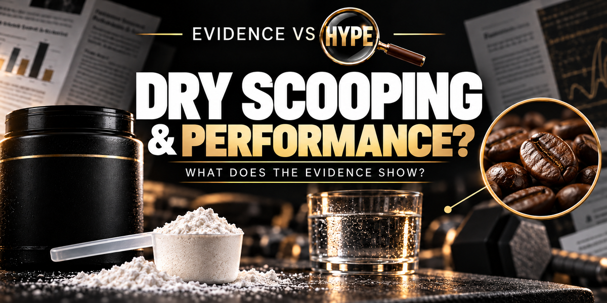 Evidence vs Hype: Does Dry Scooping Pre-Workout Make Supplements More Powerful? Conceptual editorial illustration.