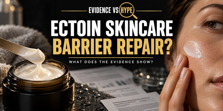 Evidence vs Hype ectoin skincare artwork showing moisturiser in an unbranded jar and cream being applied to an adult cheek.
