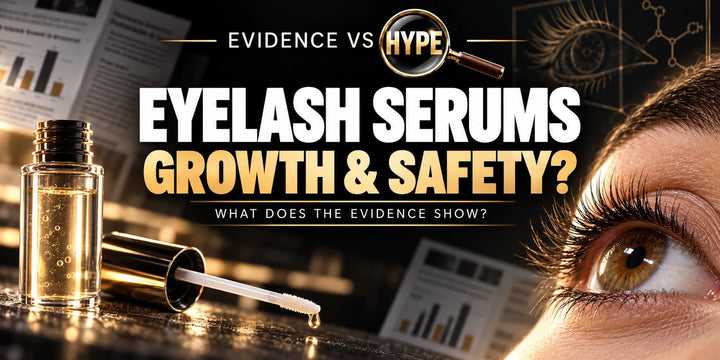 Evidence vs Hype conceptual artwork investigating eyelash growth serum, using subject-specific unbranded imagery.