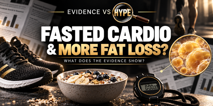 Evidence vs Hype: Does Fasted Cardio Really Burn More Body Fat? Conceptual editorial illustration.