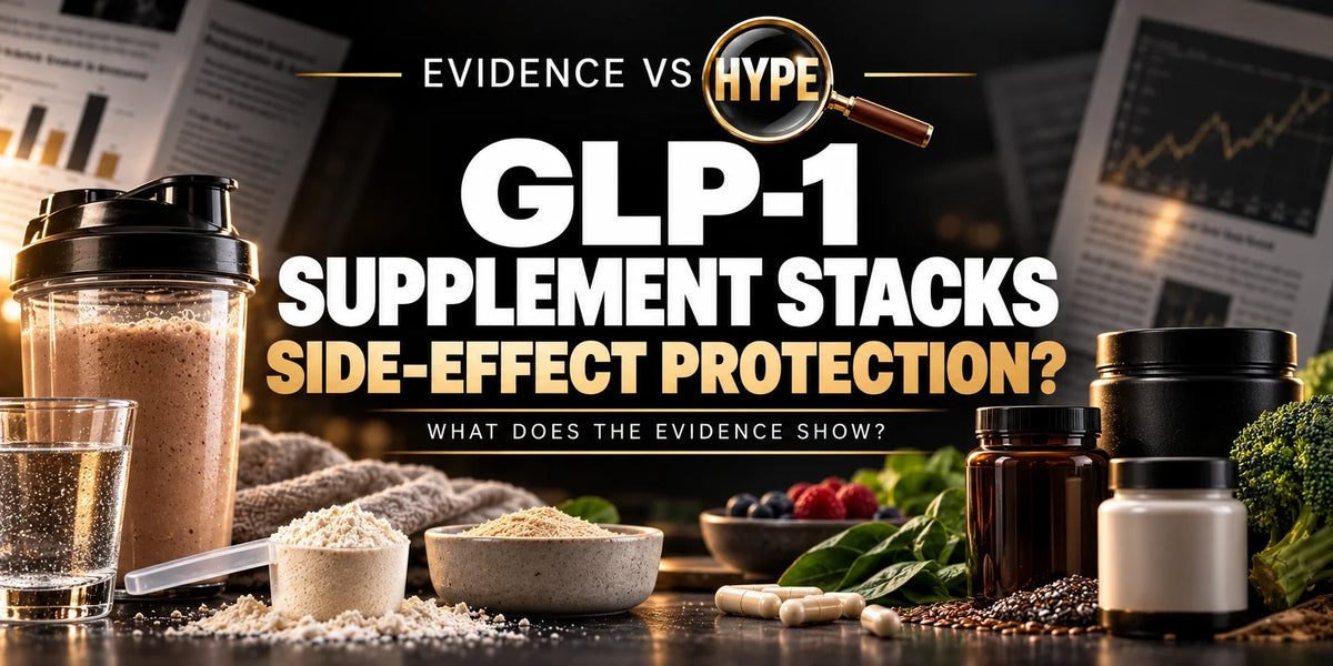Protein shake, fibre powder, water and supplement containers illustrate GLP-1 supplement bundle claims.