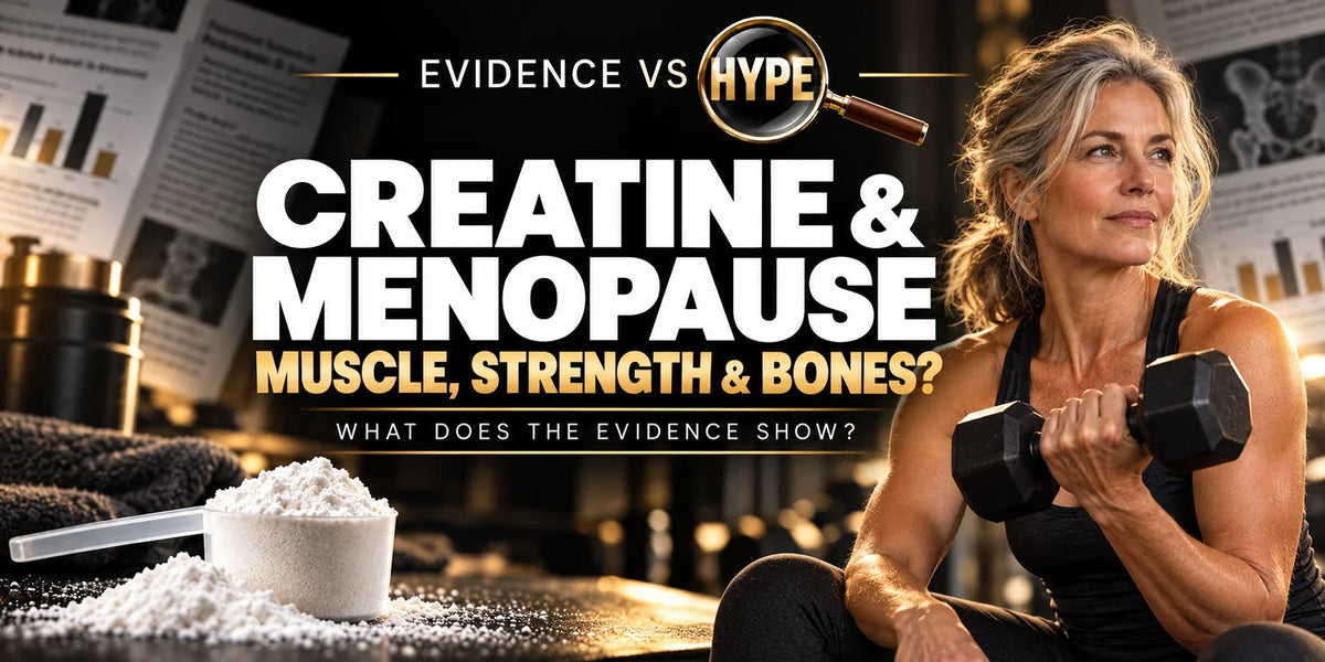 A middle-aged woman holding a dumbbell beside a creatine scoop illustrates menopause-specific muscle and strength research.