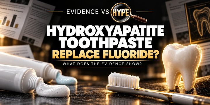 Toothpaste tubes, a toothbrush and a tooth model accompany the hydroxyapatite versus fluoride evidence check.