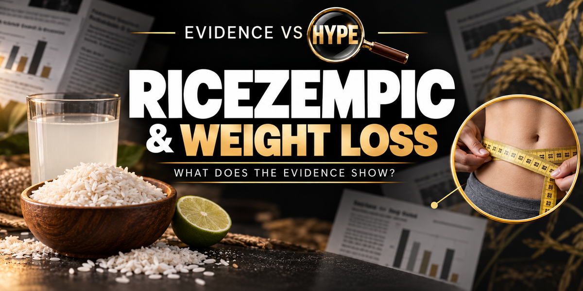 Rice, water and the ricezempic trend in the black, white and gold Evidence vs Hype featured image.