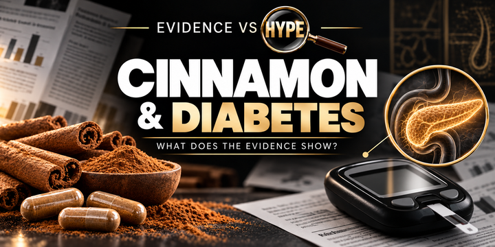 Cinnamon and blood glucose monitoring imagery in the black, white and gold Evidence vs Hype featured image.