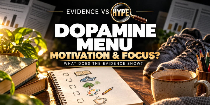 A simple activity list with books, walking shoes, art pencils and tea illustrates the dopamine menu idea.